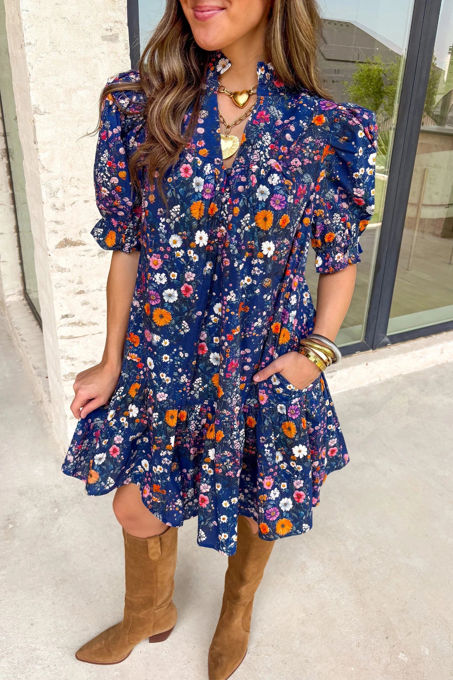 Leonora- Blue Wild Daisy Floral Split Neck Short Puff Sleeve Mini Dress